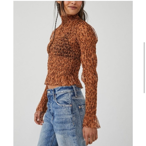 FREE PEOPLE Hello There Sheer Long Sleeve Top / Leopard Combo NWT - Picture 2 of 9